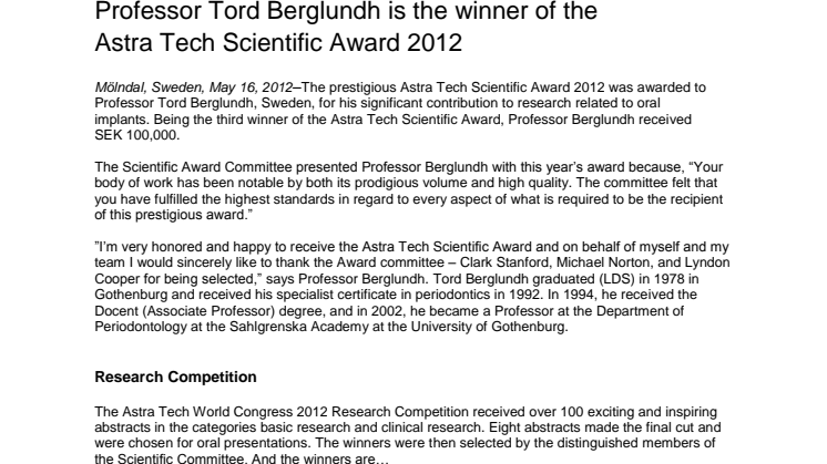 Professor Tord Berglundh is the winner of the Astra Tech Scientific Award 2012