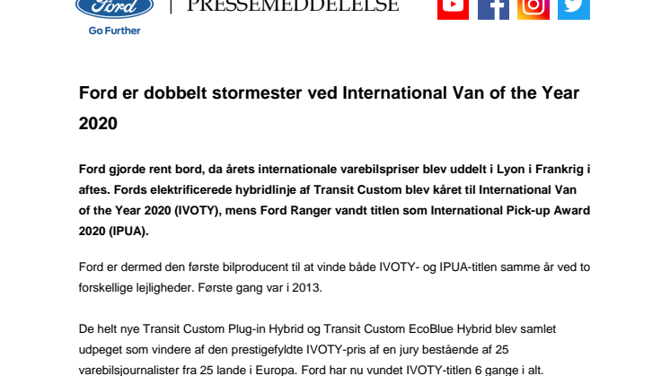 Ford er dobbelt stormester ved International Van of the Year 2020