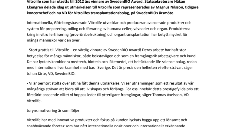 Vitrolife- vinnare av SwedenBIO Award 2012
