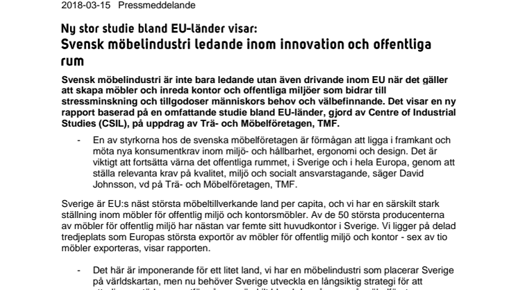 Ny stor studie bland EU-länder visar: Svensk möbelindustri ledande inom innovation och offentliga rum