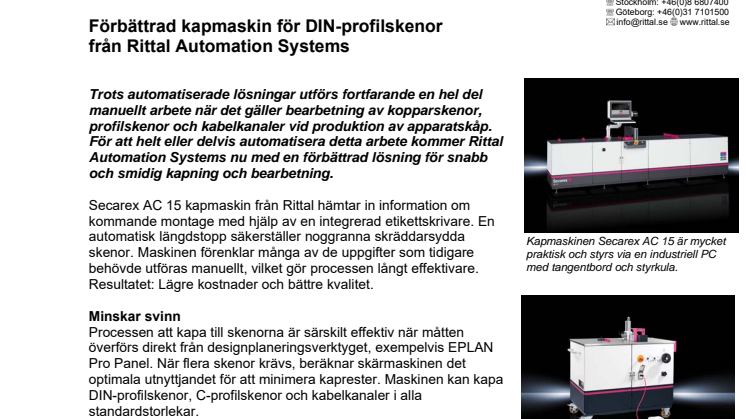 Förbättrad kapmaskin för DIN-profilskenor från Rittal Automation Systems