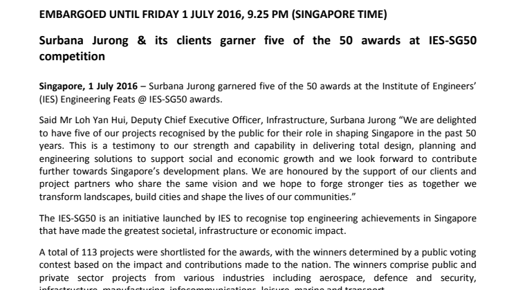 ​Surbana Jurong & its clients garner five of the 50 awards at IES-SG50 competition