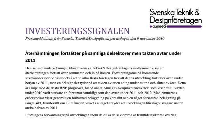 Investeringssignal 3, november 2010. Svenska Teknik&Designföretagen