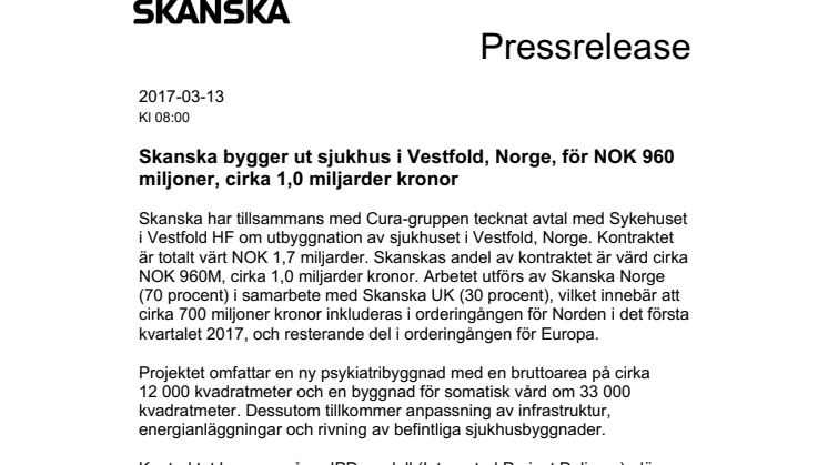Skanska bygger ut sjukhus i Vestfold, Norge, för NOK 960 miljoner, cirka 1,0 miljarder kronor