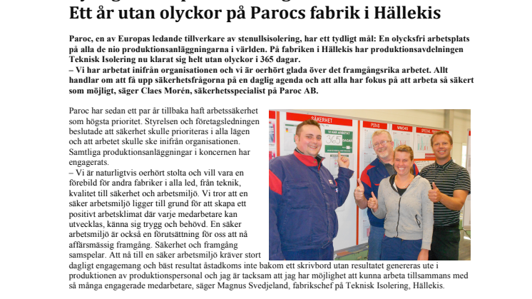 Tydligt fokus på säkerhet ger resultat: Ett år utan olyckor på Parocs fabrik i Hällekis   