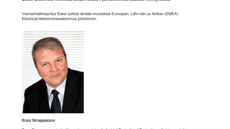 Eaton Electrical ilmoittaa EMEA-alueen johtotiiminsä uusista nimityksistä