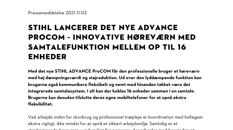 STIHL LANCERER DET NYE ADVANCE PROCOM - INNOVATIVE HØREVÆRN MED SAMTALEFUNKTION MELLEM OP TIL 16 ENHEDER.pdf