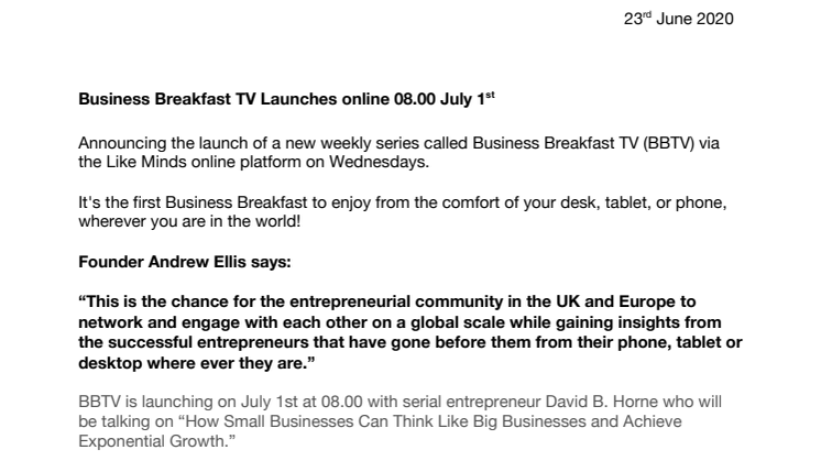 Business Breakfast TV Launches online 08.00 July 1st