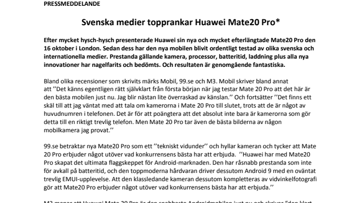 Svenska medier topprankar Huawei Mate20 Pro*