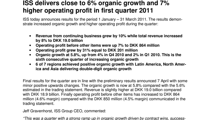ISS delivers close to 6% organic growth and 7 % higher operating profit in first quarter 2011