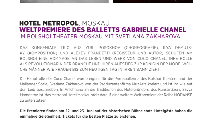 Weltpremiere des Balletts GABRIELLE CHANEL im Bolshoi Theater Moskau mit Svetlana Zakharova.