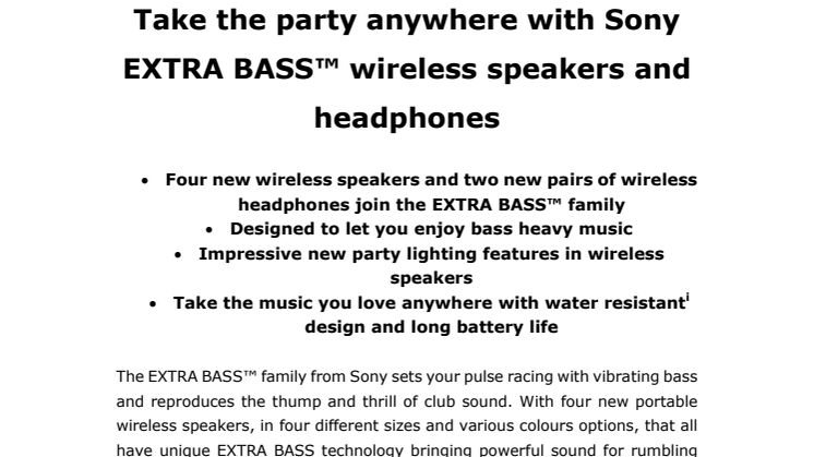 ​Sony lanserar fyra nya EXTRABASS-högtalare