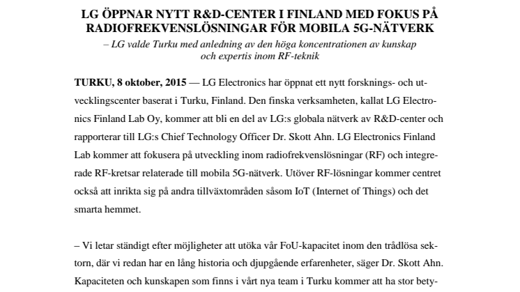 ​LG ÖPPNAR NYTT R&D-CENTER I FINLAND MED FOKUS PÅ RADIOFREKVENSLÖSNINGAR FÖR MOBILA 5G-NÄTVERK