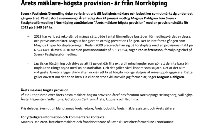 Årets mäklare-högsta provision- är från Norrköping