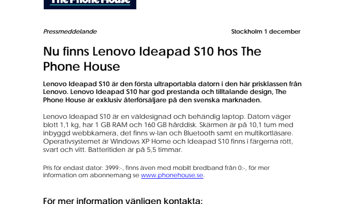 Nu finns Lenovo Ideapad S10 hos The Phone House