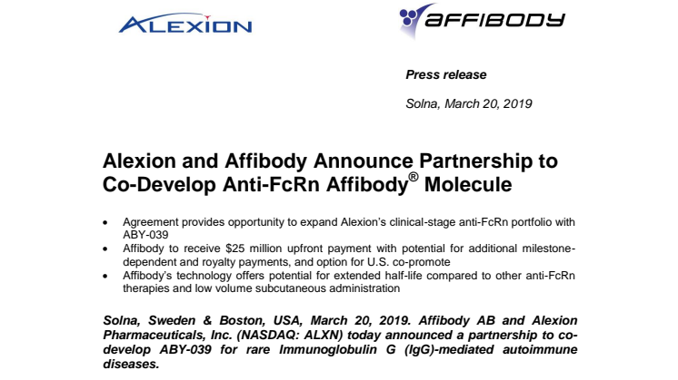 Alexion and Affibody Announce Partnership to Co-Develop Anti-FcRn Affibody® Molecule