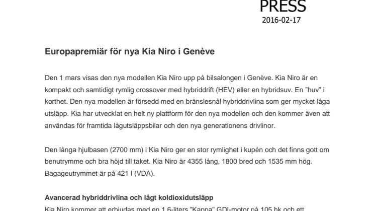 Europapremiär för nya Kia Niro i Genève
