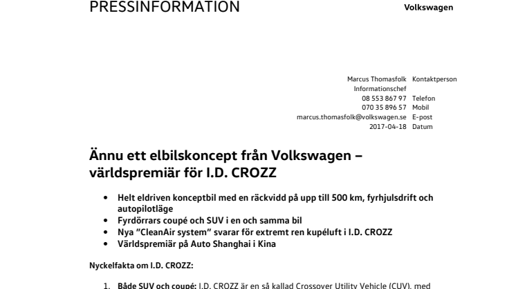 Ännu ett elbilskoncept från Volkswagen – världspremiär för I.D. CROZZ