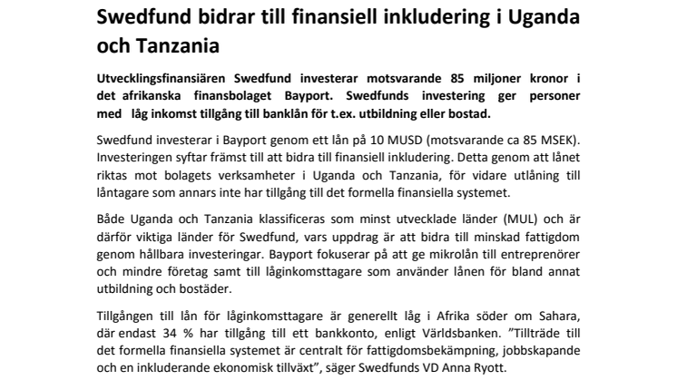 Swedfund bidrar till finansiell inkludering i Uganda och Tanzania