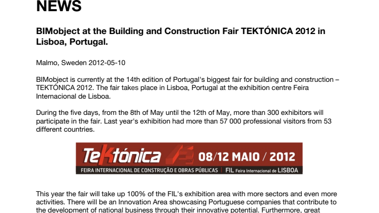 BIMobject at the Building and Construction Fair TEKTÓNICA 2012 in Lisboa, Portugal.