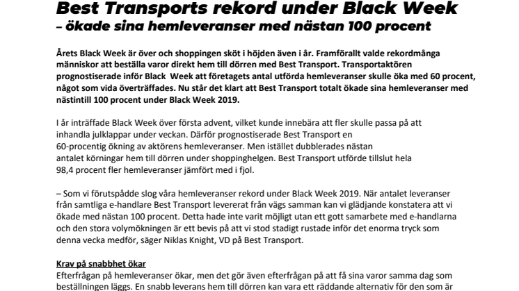 Best Transports rekord under Black Week   – ökade sina hemleveranser med nästan 100 procent