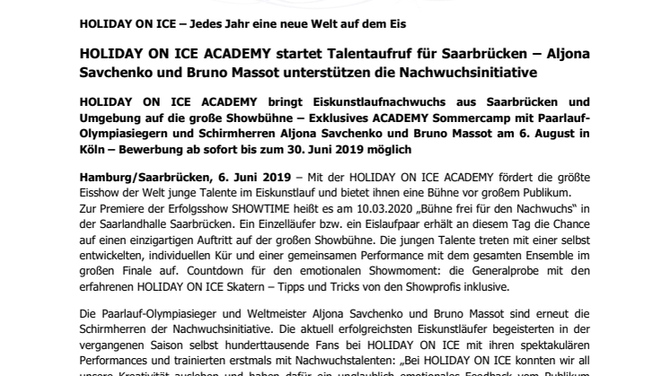 HOLIDAY ON ICE ACADEMY startet Talentaufruf für Saarbrücken – Aljona Savchenko und Bruno Massot unterstützen die Nachwuchsinitiative