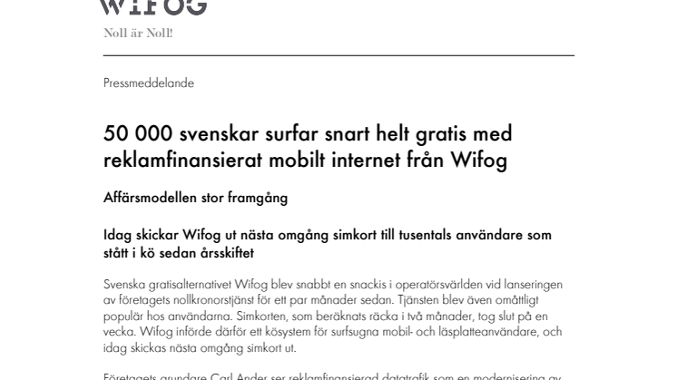 50 000 svenskar surfar snart helt gratis med reklamfinansierat mobilt internet från Wifog