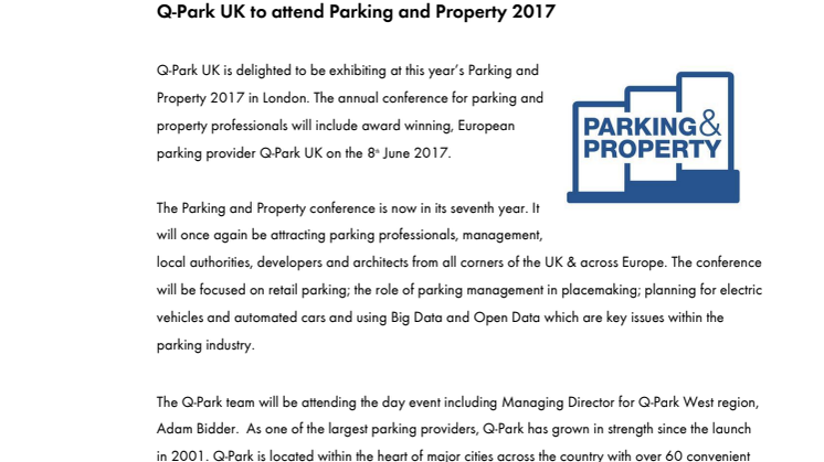 Q-Park UK to attend Parking and Property 2017 