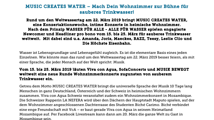 MUSIC CREATES WATER – Mach Dein Wohnzimmer zur Bühne für sauberes Trinkwasser! Cheers Weltwassertag!