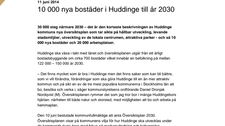 10 000 nya bostäder i Huddinge till år 2030