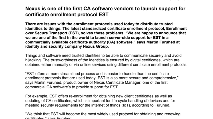  Nexus is one of the first CA software vendors to launch support for certificate enrollment protocol EST 