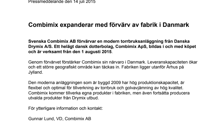 Combimix expanderar med förvärv av fabrik i Danmark