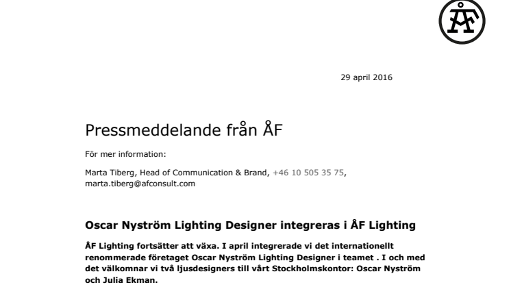 Oscar Nyström Lighting Designer integreras i ÅF Lighting