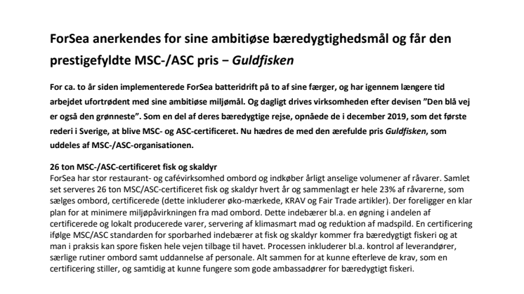 ForSea anerkendes for sine ambitiøse bæredygtighedsmål og får den prestigefyldte MSC-/ASC pris − Guldfisken