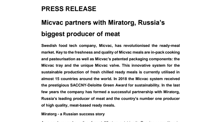 Micvac partners with Miratorg, Russia’s biggest producer of meat
