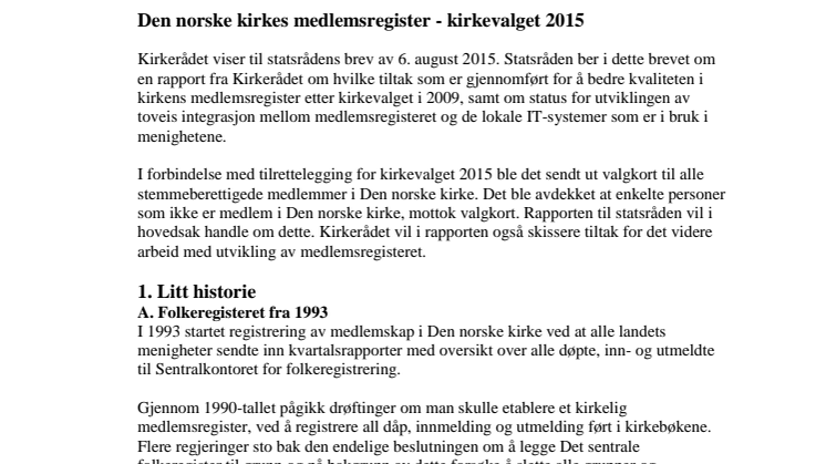 Rapport fra Kirkerådet til kulturministeren om Den norske kirkes medlemsregister 8. oktober 2015