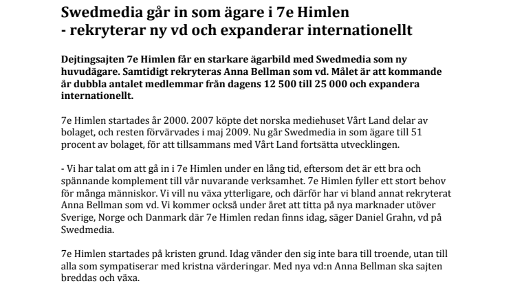 Swedmedia går in som ägare i 7e Himlen - rekryterar ny vd och expanderar internationellt 