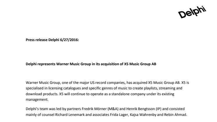 Delphi represents Warner Music Group in its acquisition of X5 Music Group AB