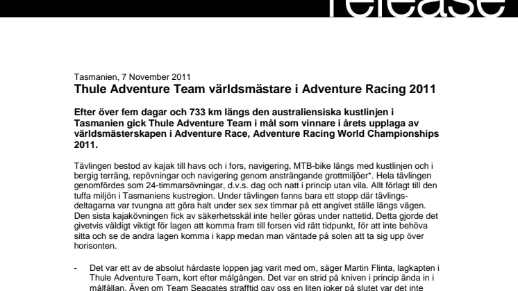 Thule Adventure Team världsmästare i Adventure Racing 2011