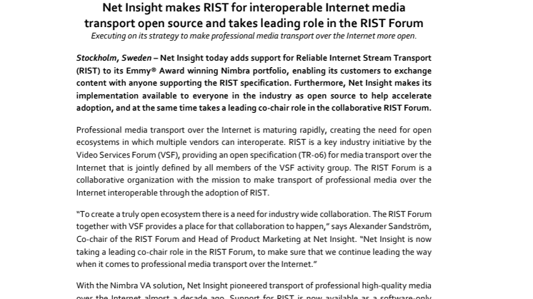 Net Insight makes RIST for interoperable Internet media transport open source and takes leading role in the RIST Forum