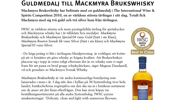 Guldmedalj till Mackmyra Brukswhisky 