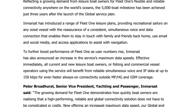 Inmarsat Fleet One exceeds 5,000 installations milestone
