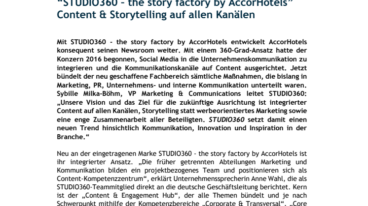 "STUDIO360 – the story factory by AccorHotels": Content & Storytelling auf allen Kanälen