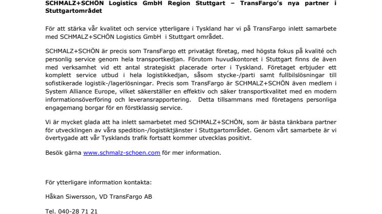 SCHMALZ+SCHÖN Logistics GmbH Region Stuttgart – TransFargo’s nya partner i Stuttgartområdet