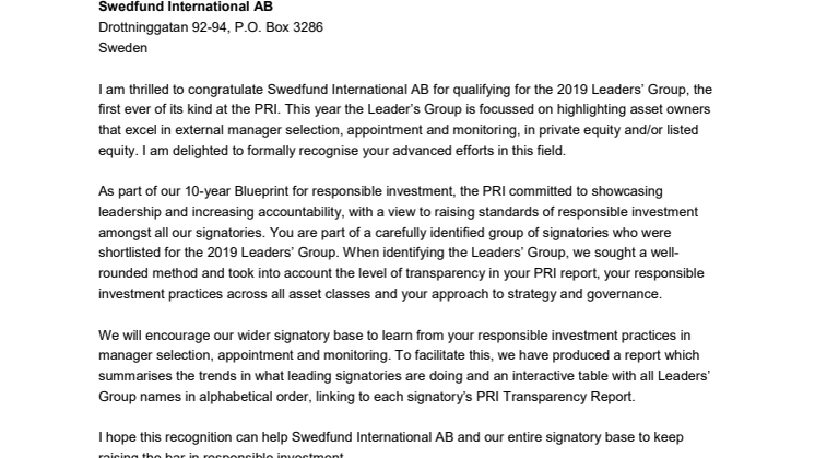 PRI Leaders' Group Letter to Swedfund International AB
