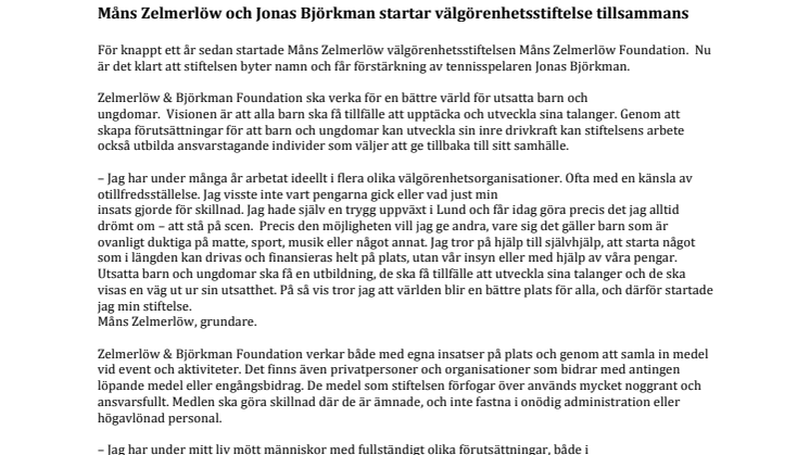 Måns Zelmerlöw och Jonas Björkman startar välgörenhetsstiftelse tillsammans