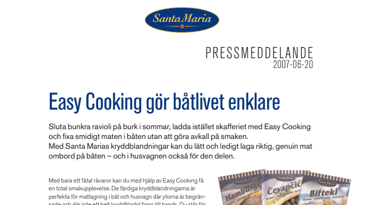 Easy Cooking från Santa Maria gör båtlivet enklare