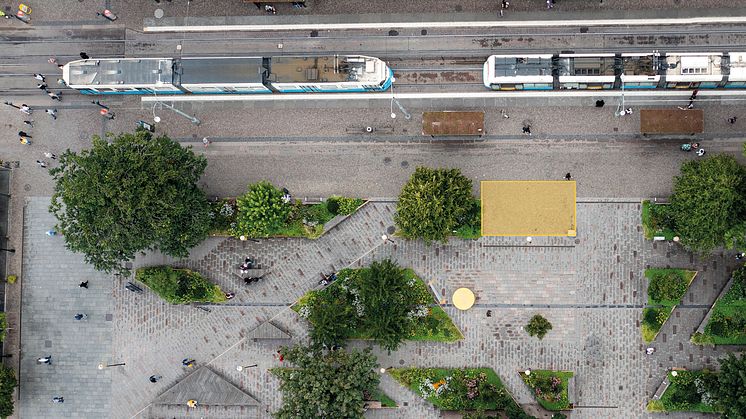 Brunnsparken från ovan. Gul markering av platsen där cafébyggnaden ska placeras. Foto: Yousef Boussir, fastighetskontoret Göteborgs Stad