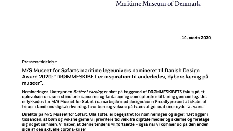 M/S Museet for Søfarts maritime legeunivers nomineret til Danish Design Award 2020: ”DRØMMESKIBET er inspiration til anderledes, dybere læring på museer”.