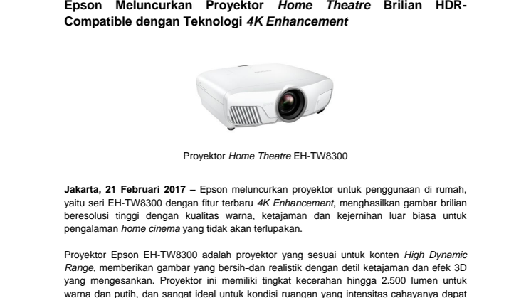 Epson Meluncurkan Proyektor Home Theatre Brilian HDR-Compatible dengan Teknologi 4K Enhancement